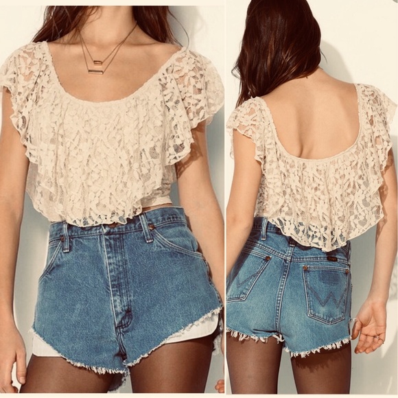 Urban Outfitters Tops - Ivory Lace Flutter Crop Top Size Medium - Boho Bridal Lacy Blouse for Bride
